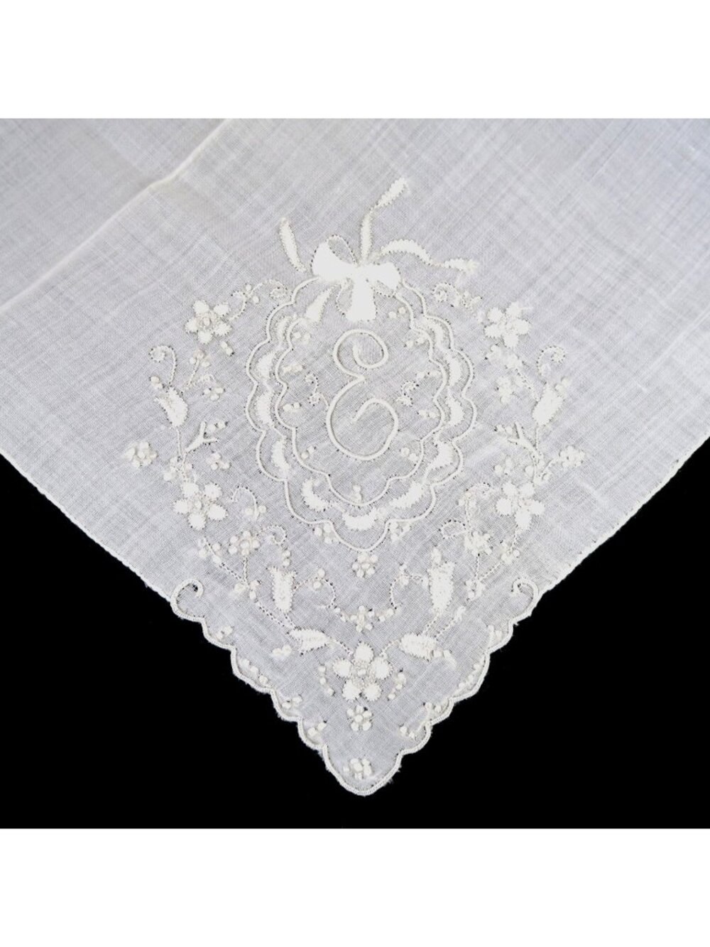 Vintage Sheer Cotton Hankie – Monogrammed “E” w/ Bow & Floral Oval Design